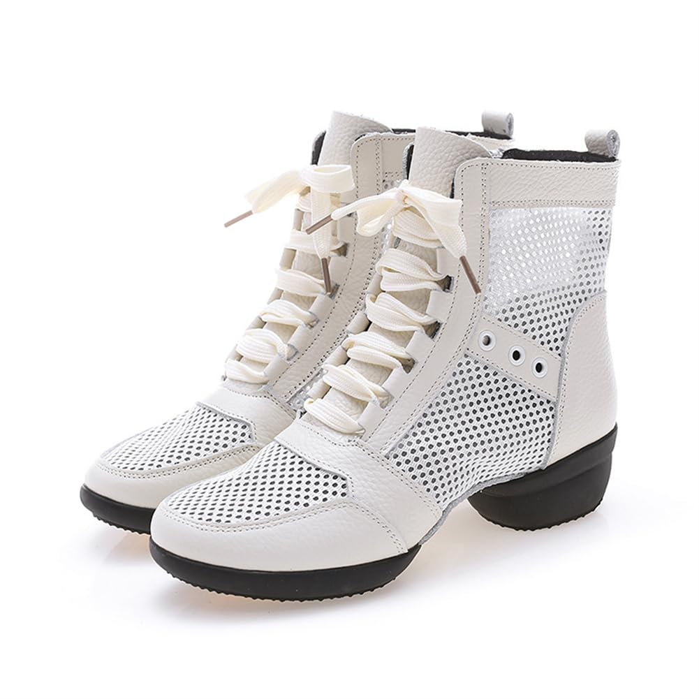 VEACAM Damen Tanzstiefel, High Top Ballett Jazz Tanz Turnschuhe Leder Tanzschuhe Hohle Schlitzsohle Stiefeletten Für Frauen Mädchen,Weiß,41 EU