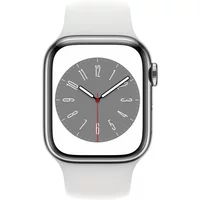 Apple Watch Series 8 (GPS + Cellular) - 41 mm - Silver Edelstahl - intelligente Uhr mit Sportband - Flouroelastomer - weiß - Bandgröße: regelmäßig - 32GB - Wi-Fi, LTE, Bluetooth, UWB - 4G - 42,3 g (MNJ53FD/A) - Sonderposten