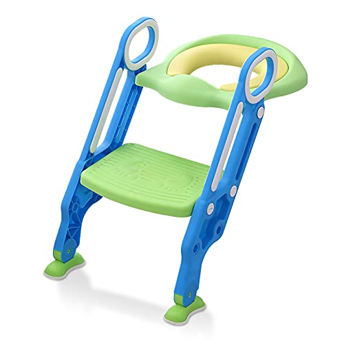 HENGMEI Toilettensitz Kinder Toilettentrainer mit Treppe, Klappbarer Töpfchentrainer Toiletten Trainingssitz, Höhenverstellbar 38-42 cm Klositz für Kinder von 1-7 Jahren, Blau und Grün