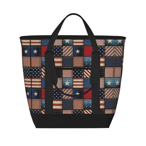 YQxwJL Einkaufstasche mit amerikanischer Flagge, Patchwork-Druck, großes Fassungsvermögen, isolierte Lunchtasche, wiederverwendbare Einkaufstasche mit Reißverschluss für Damen und Herren