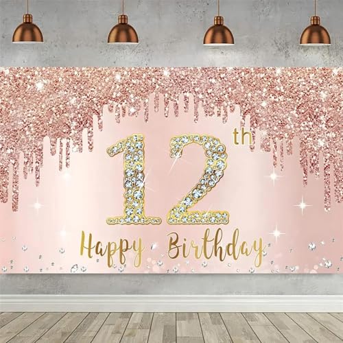 Alles Gute zum 12. Geburtstag Hintergrund für Mädchen Glitzer Rosa Rose Gold 12 Jahre alte Party Dekoration Fotostand Poster Hintergrund 240X180cm