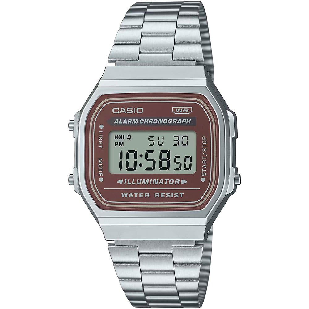 Casio Digitale Unisex-Armbanduhr mit braunem Zifferblatt, A168WA-5AYDF, Silber, Antik