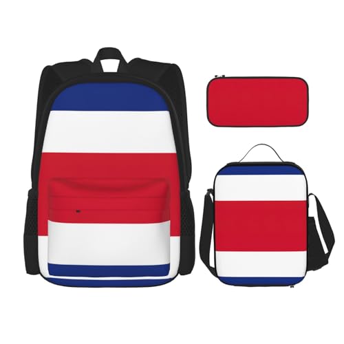 WURTON 3-in-1-Set, Motiv: Flagge von Costa Rica, lässig, verstellbar, Schulter-Rucksack, Lunch-Tasche, Federmäppchen, Tasche, Schwarz, Einheitsgröße