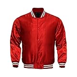 Herren Varsity Jacke Satin Polyester Retro Reißverschluss Casual Jacken, rot, Large