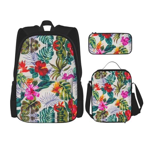 WURTON Schulrucksack-Set mit Blumen und Blättern, 3-in-1-Büchertasche-Set mit Lunchbox, Federmäppchen, Reise, Laptop, Tagesrucksack