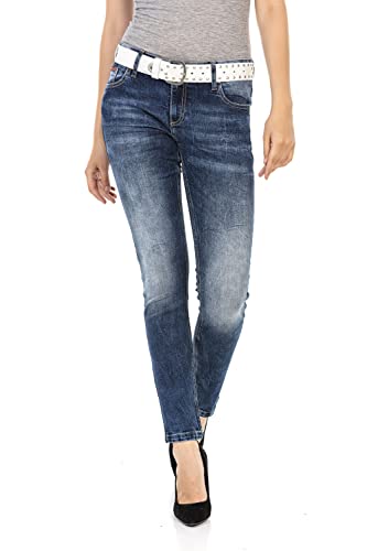 Cipo & Baxx Damen Jeanshose Denim Slim-Fit Used Look Pants Jeans Hose WD461 Blau W31 L32