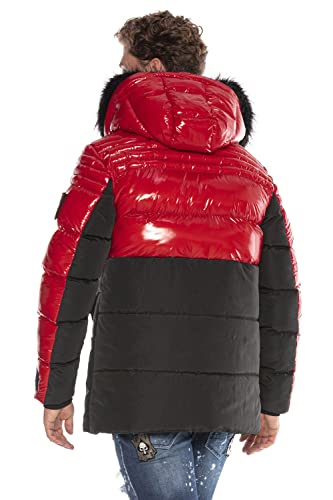 Cipo & Baxx Herren Winterjacke Kapuze Steppjacke Warm Winter Daunen Jacke Glänzend mit Fellkapuze Rot XL