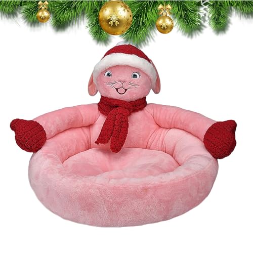 Weihnachtskatzenbett - Süßes Katzennest mit Weihnachtsmütze und Schal, rosa Hasenform,Gemütliches Hundekätzchenbett mit Rutschfester Unterseite, waschbares Haustier-Katzenhaus für kleine und Qarido