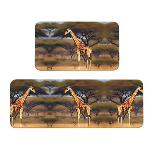 YQxwJL Küchenteppich, Motiv: Afrika-Giraffe, majestätischer Baumdruck, rutschfeste Küchenmatte, 2er-Set, bequeme Stehmatten für Küche, Büro