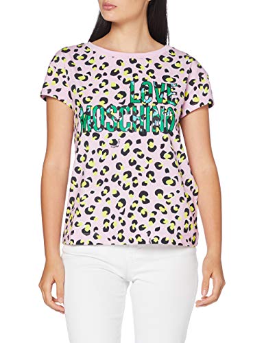 Love Moschino Damen Allover animalier&Logo Print T-Shirt, Mehrfarbig (P.Leopard/Pink 0015), 40 (Herstellergröße: 46)