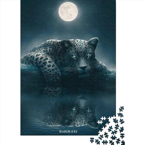 Leopard Under The Moon Puzzle 1000 Teile für Teenager-Geschenke, Holzpuzzle für Erwachsene und Teenager, Spielspielzeug für Erwachsene, Familienpuzzle, Geschenk, 75 x 50 cm