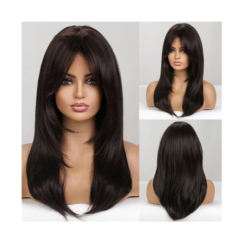 Perücken Natürliche Haare for Frauen, tägliches Cosplay, hitzebeständig, dunkelbraun, schwarz, synthetische Perücken mit Pony, mittellang, gerade geschichtet Damenperücke(Wig LC259-8)