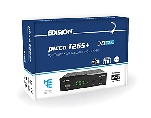 Edision Picco T265+ Terrestrischer DVB-T2 und Kabel DVB-C Receiver, H265 HEVC, FTA Full HD PVR, USB, HDMI, SCART, S/PDIF, IR, USB WiFi Support, Universal 2in1 Fernbedieung, Schwarz