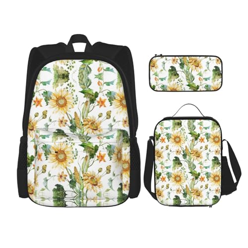 WURTON Rucksack mit Sonnenblumen- und Mais-Druck, für Mädchen, Jungen, Schultaschen, Teenager, Lunchbox und Federmäppchen, 3-in-1-Büchertaschen-Set