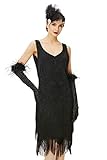 Coucoland 1920s Kleid Damen Flapper Kleid ohne Ärmel V Ausschnitt Knielang Charleston Kleid Gatsby Motto Party Damen Fasching Kostüm Kleid (Schwarz, M (Fits 76-82 cm Waist))