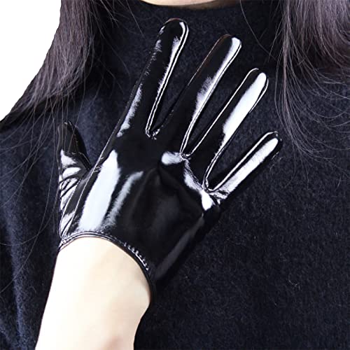 DooWay Schwarze super lange Lederhandschuhe für Frauen aus künstlichem Lack PU Sexy Oper Glänzend Paar Fingerhandschuhe Cosplay Passende, Schwarz 16 cm, 16 cm