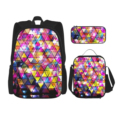 WURTON Farbenfrohes geometrisches Dreiecksdruck, verstellbare Schultergurte, Rucksack-Set, Lunch-Tasche, Federmäppchen, Kombinationstaschen-Set