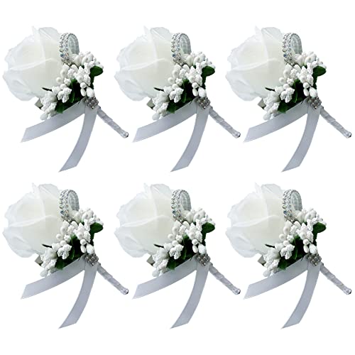 Armband Hochzeitsblumen, Brautjungfern -Armbandband, 6pcs Hochzeit Boutonniere Blume, Blume Revers Pin Boutonniere Corsage Accessoire Girls Männer künstliche Rosencors for Braut Bräutigam (Color : Wh