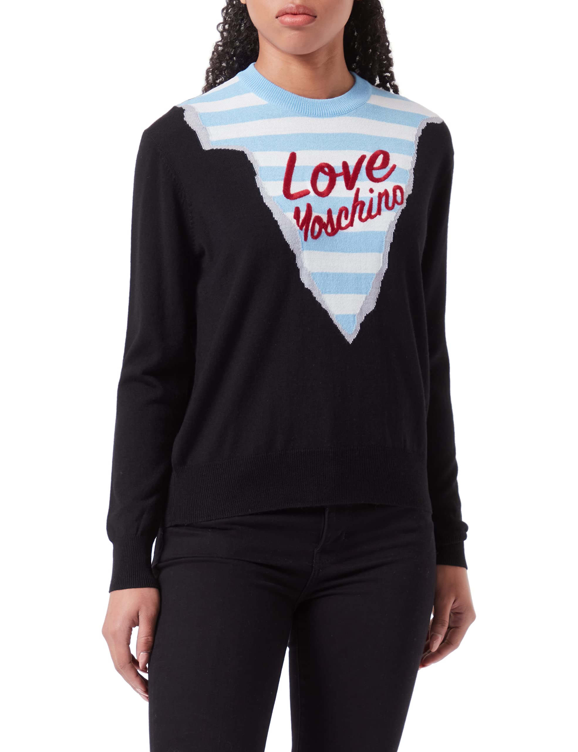 Love Moschino Women's Regular fit Long-Sleeved Roundneck with Striped Pattern Mountain Profile Intarsia and Love Embroidery Pullover Sweater, Black, 42