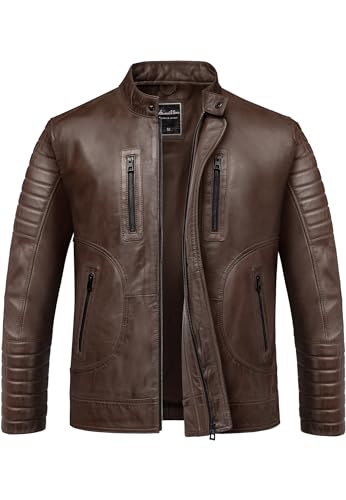 Amaci&Sons Herren Echtleder Jacke Biker Zipper Lederjacke 9105 Braun S