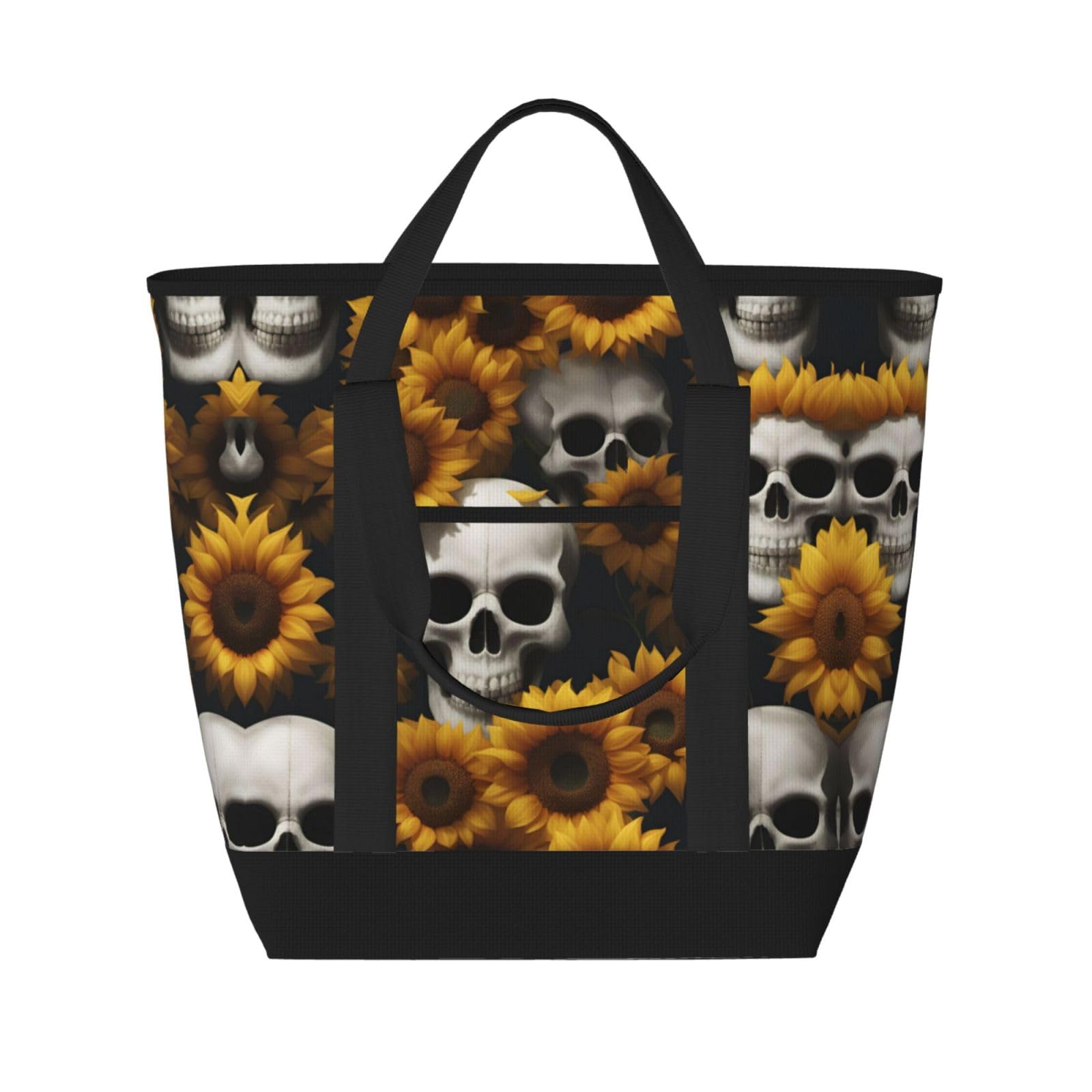 YQxwJL Isolierte Kühltasche mit Sonnenblumen-Motiv und Halloween-Totenkopf-Aufdruck, große Kapazität, Einkaufstasche, Reisetasche, Strand, wiederverwendbare Einkaufstasche für Erwachsene, Schwarz,