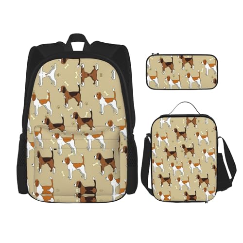 WURTON Rucksack mit Cartoon-Beagle-Motiv, 3-in-1, Büchertaschen-Set, Lunchbox, Federmäppchen, Reise-Laptop-Tagesrucksäcke, Schwarz, Einheitsgröße