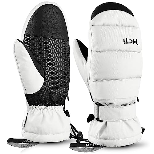 Kineed Skihandschuhe Damen Snowboard Fausthandschuhe Touchscreen wasserdichte Winter Warme Fäustlinge mit versteckter Reißverschlusstasche Weiß