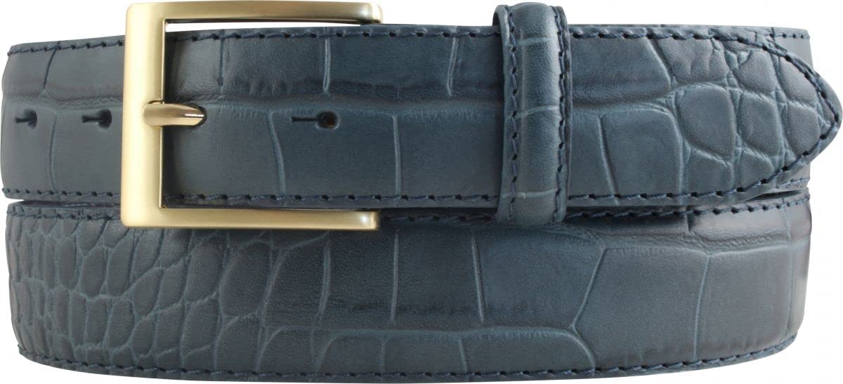 BELTINGER Gürtel mit Krokoprägung 3,5 cm | Leder-Gürtel für Herren 35mm Kroko-Optik | Kroko-Muster Schnalle Gold | Jeansblau 90cm