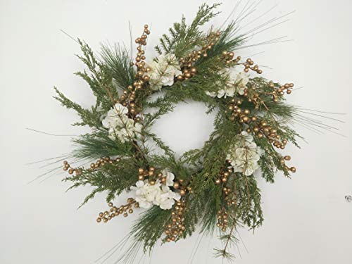 SHATCHI 55 cm natürlich aussehende künstliche grüne Blätter, goldene Beeren und weiße Hortensien, Blumenkranz, zum Aufhängen an der Tür, Hochzeit, Weihnachtsdekoration