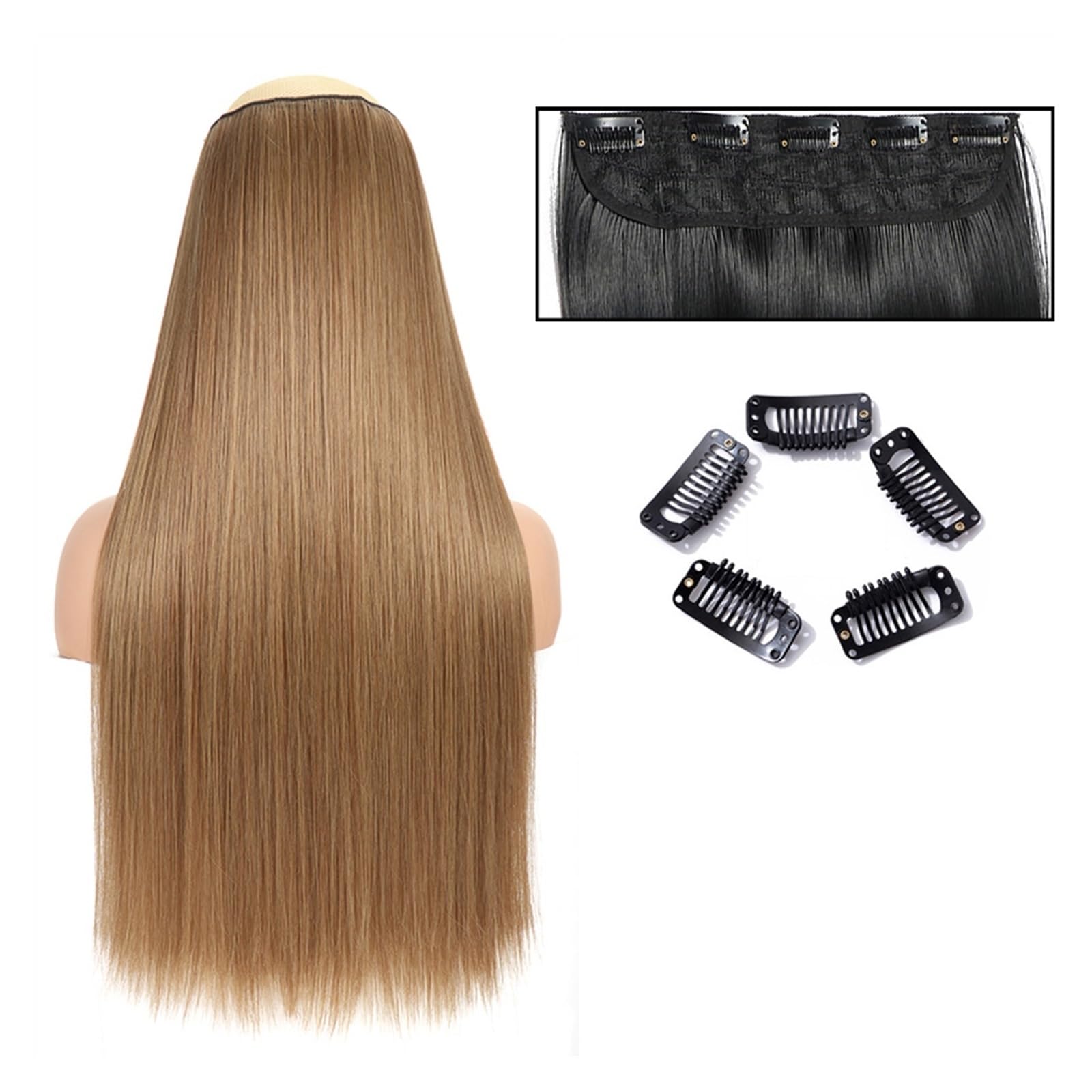 Clip-in-Haarverlängerungen Glatte Haarverlängerungen, 61 cm lang, glatt, einteilig, 5 Clips, Clip-in-Haarverlängerungen, synthetische Haarteile for Damen Clip-in-Haarverlängerungen aus Echthaar(SG66 M