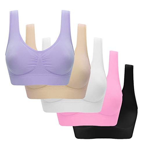 CSHE 3/5er Pack Sport Top Damen Licht BH Ohne Bügel Gepolstert Der Bequemste BH Der Welt Backless Tank Top BH für Tiefen Rückenausschnitt Tanktop Tops für Mädchen Weiß, Beige, Lila, Rosa, Schwarz L