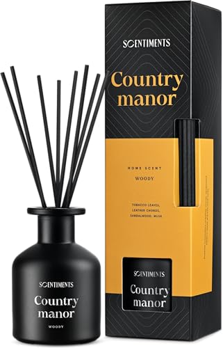 Scentiments Country Manor Heimduft Woody | Diffuser mit Stäbchen | Duftöl mit ätherischen Ölen | Raumerfrischer mit Tabakblättern, Lederakkorden, Sandelholz, Moschus duft | 125ml