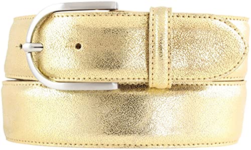 BELTINGER Damen-Gürtel mit Metall-Optik Echt Leder 4 cm | Leder-Gürtel Metallic-Look 40mm glänzend | Metall-Ledergürtel mit runder Gürtelschnalle | Gold 80cm