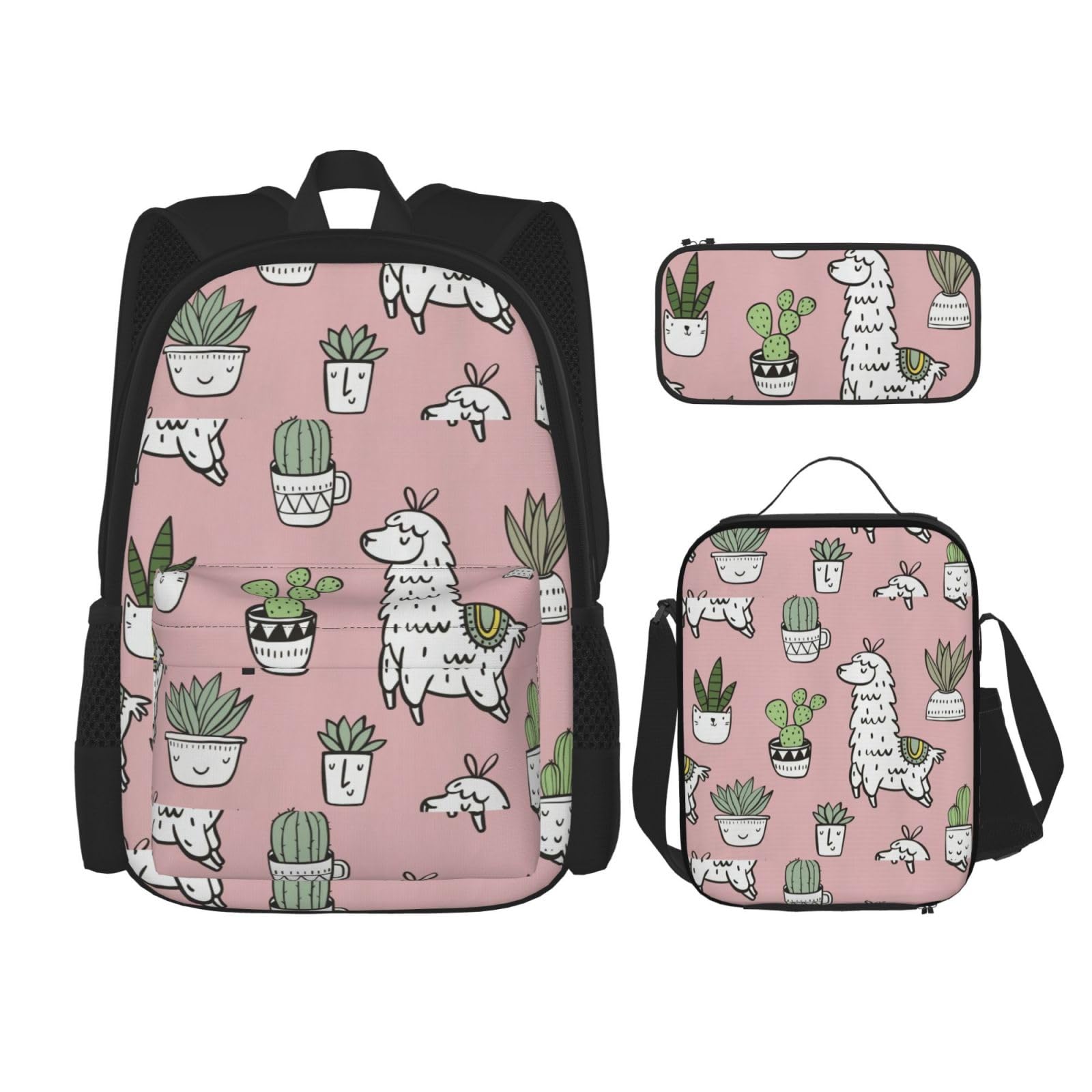 WURTON Lunchbox mit Alpaka- und Kaktus-Druck, Federmäppchen, Rucksack-Set, 3-teilig, verstellbare Riemen, langlebig, leicht, Schwarz, Einheitsgröße, Schwarz , Einheitsgröße