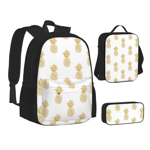 WURTON Schulrucksack-Set mit goldenem Ananas-Hintergrund, Teenager, Büchertasche, Federmäppchen, 3-in-1, Schulrucksack-Set, Kinderrucksack