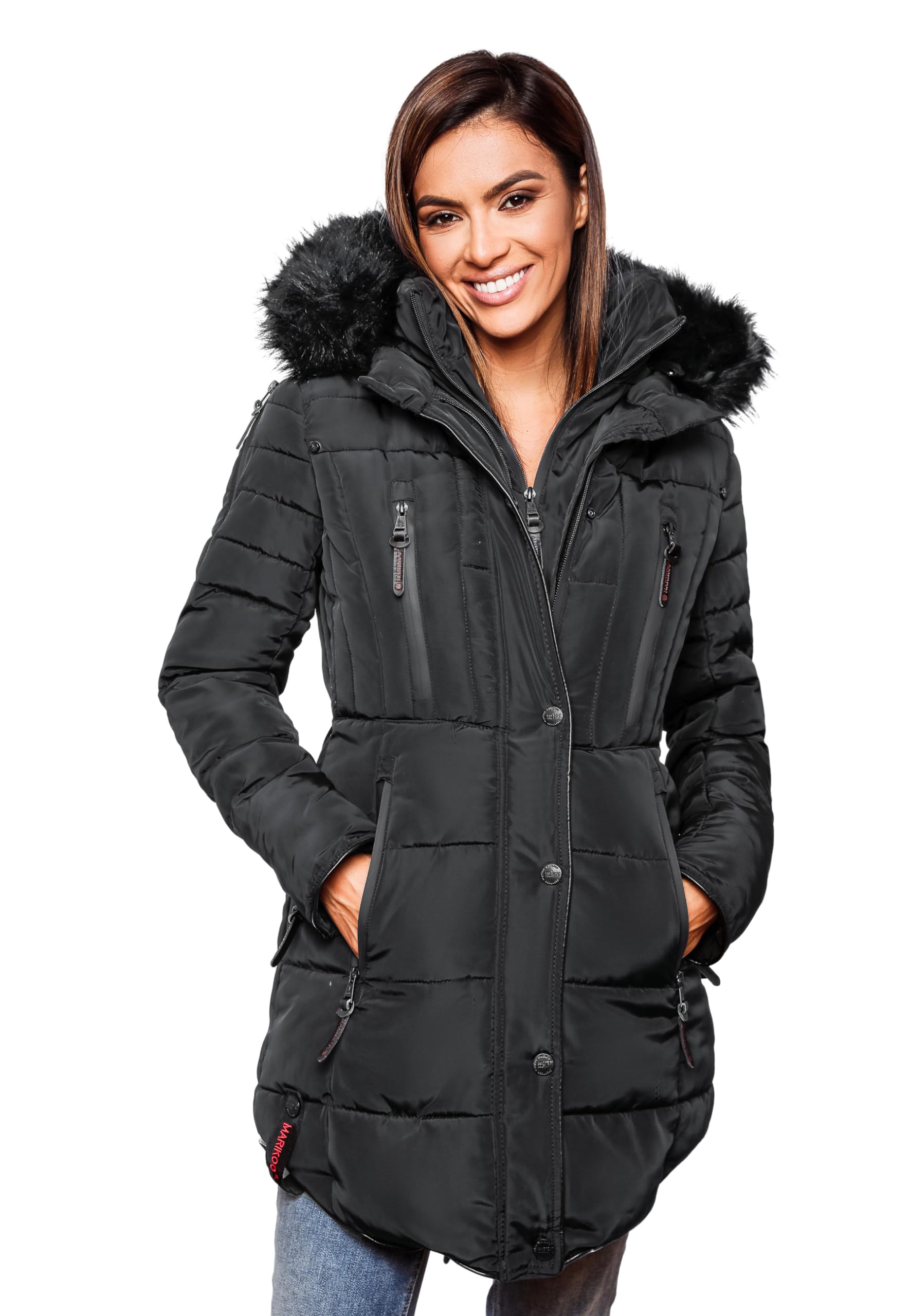 MARIKOO warme Damen Winter Jacke Winterjacke Parka Stepp Mantel lang B401 [B401-Moonshine-Schwarz-Gr.S]