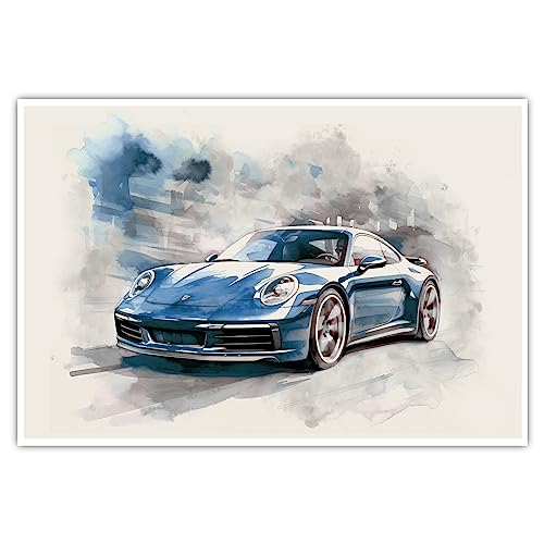 CanvasArts Watercolor Sketch Aquarell - Poster - ohne Rahmen - Auto Artwork Modern Art Wandbild Wasserfarbe kompatibel zu Porsche 911 (80 x 60 cm, Poster, Porsche)