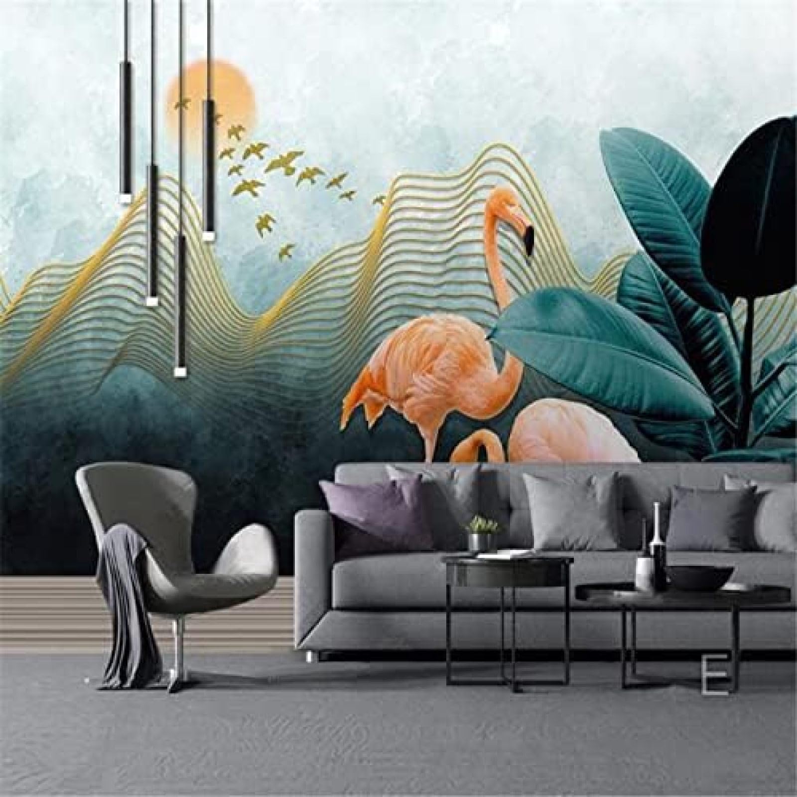 XLMING Abstrakte Goldlinie Landschaft Flamingo 3D Tapete Wohnzimmer Sofa Schlafzimmer Esszimmer Home Dekoration Wand-350cm×256cm