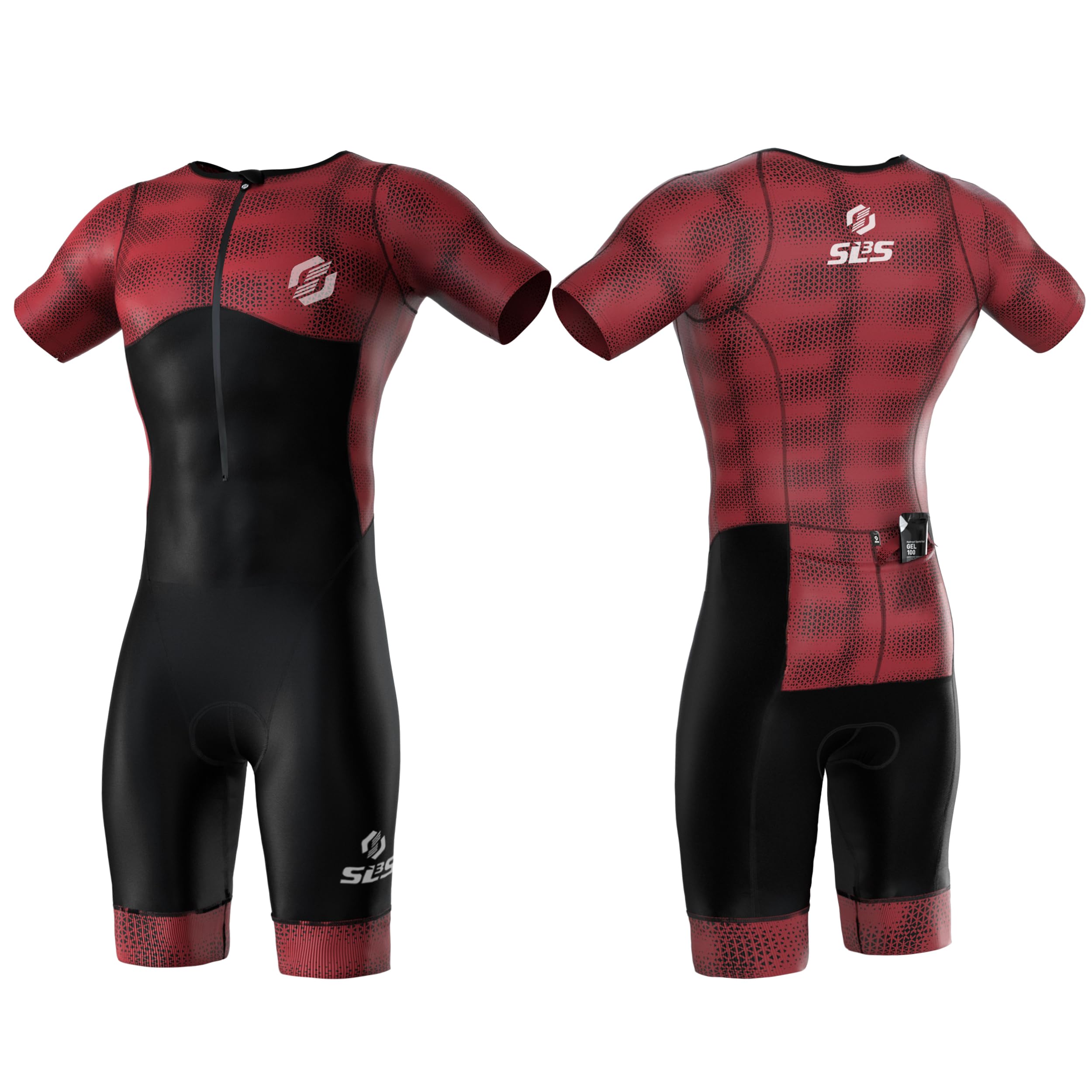 SLS3 Triathlon Anzug Herren - Trisuit Einteiler – Triathlonanzug - Triathlon Einteiler - Aerodynamischer Kurzarm Trisuit, (Claret Blur, S)