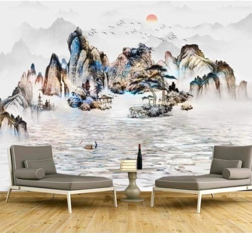 Tusche Und Waschung Berg Wasser Boot Sonnenaufgang Fliegende Vögel 3D Tapete Poster Restaurant Schlafzimmer Wohnzimmer Sofa TV Dekorative Wand-250cm×170cm