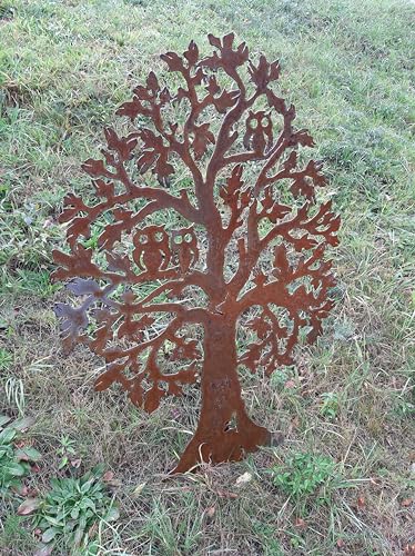 iss-kohli Edelrost Sichtschutzwand Gartendeko rost Stele 120 cm hoch 80 cm breit Baum Linde mit Eule - Eulen