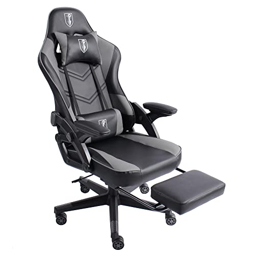 Trisens Gaming Stuhl im modernen Racing-Design mit ausziehbarer Fußstütze Gaming Chair mit verstellbaren Design Armlehnen ergonomischer Schreibtischstuhl mit extra Stützkissen, Farbe:Schwarz/Grau