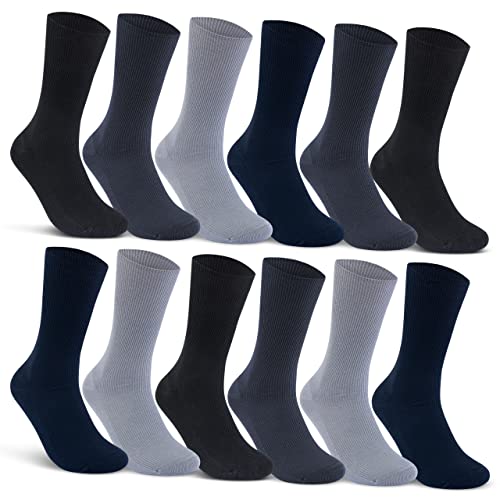 12 Paar Socken ohne Gummidruck 100% Baumwolle Gesundheitssocken Damen & Herren (43-46, Schwarz/Blau/Grau)