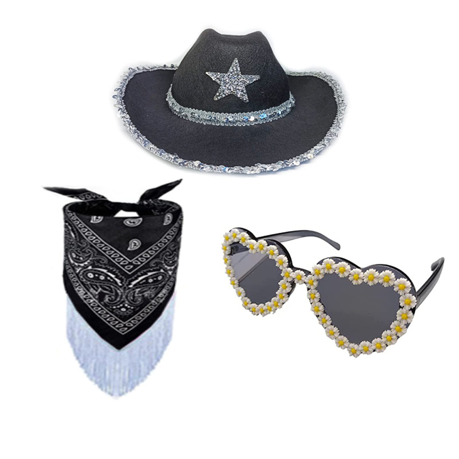 SANRLO Cowgirl-Hut, Cowboyhut, Brille, BandanaSet, Brautparty, Hut, Cowgirl-Brille, Junggesellinnenabschied, Bandana, Partyhut