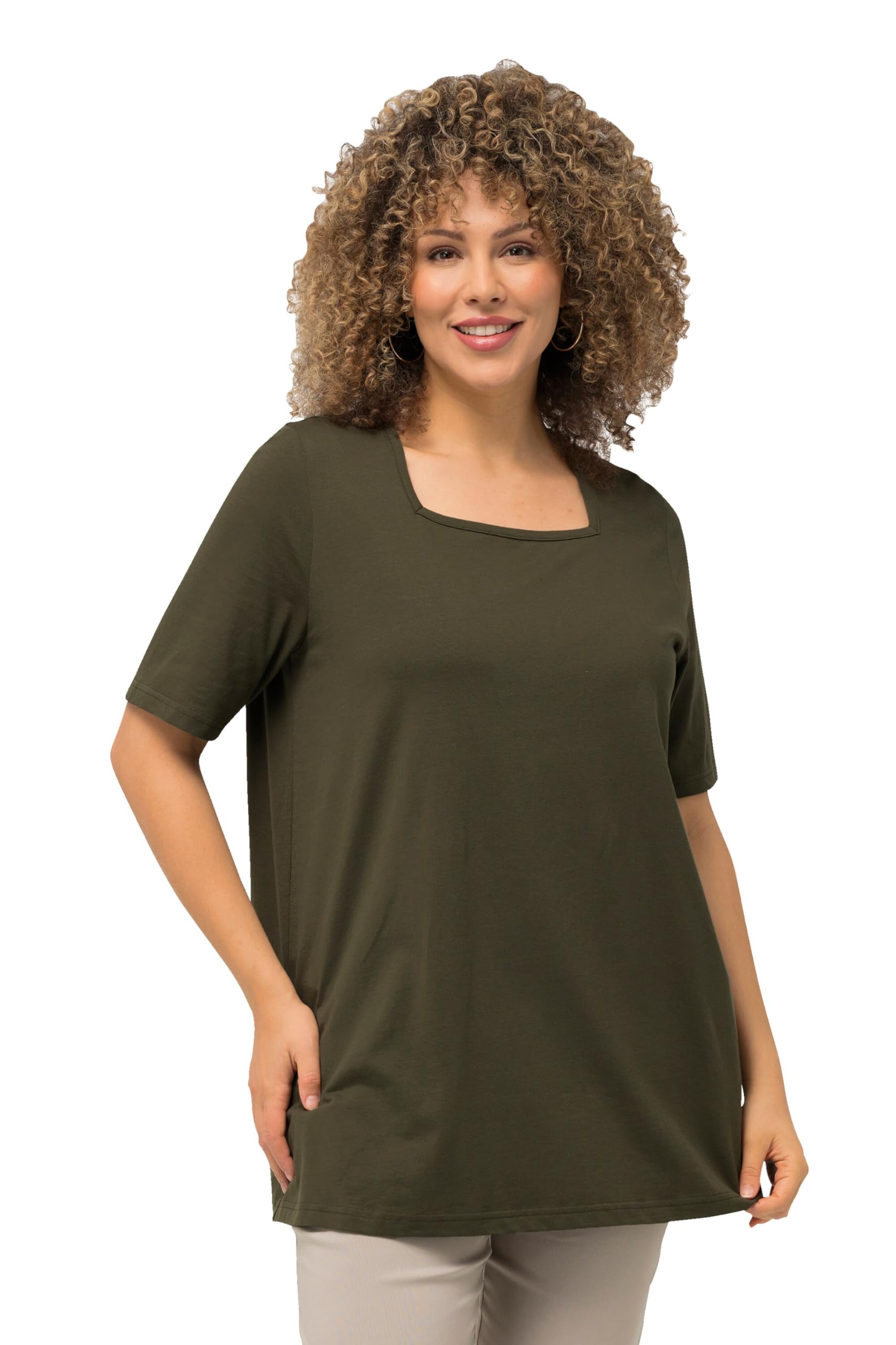 Ulla Popken Damen große Größen Übergrößen Plus Size T-Shirt, A-Linie, Carree-Ausschnitt, Halbarm Wald grün 50+ 807286201-50+