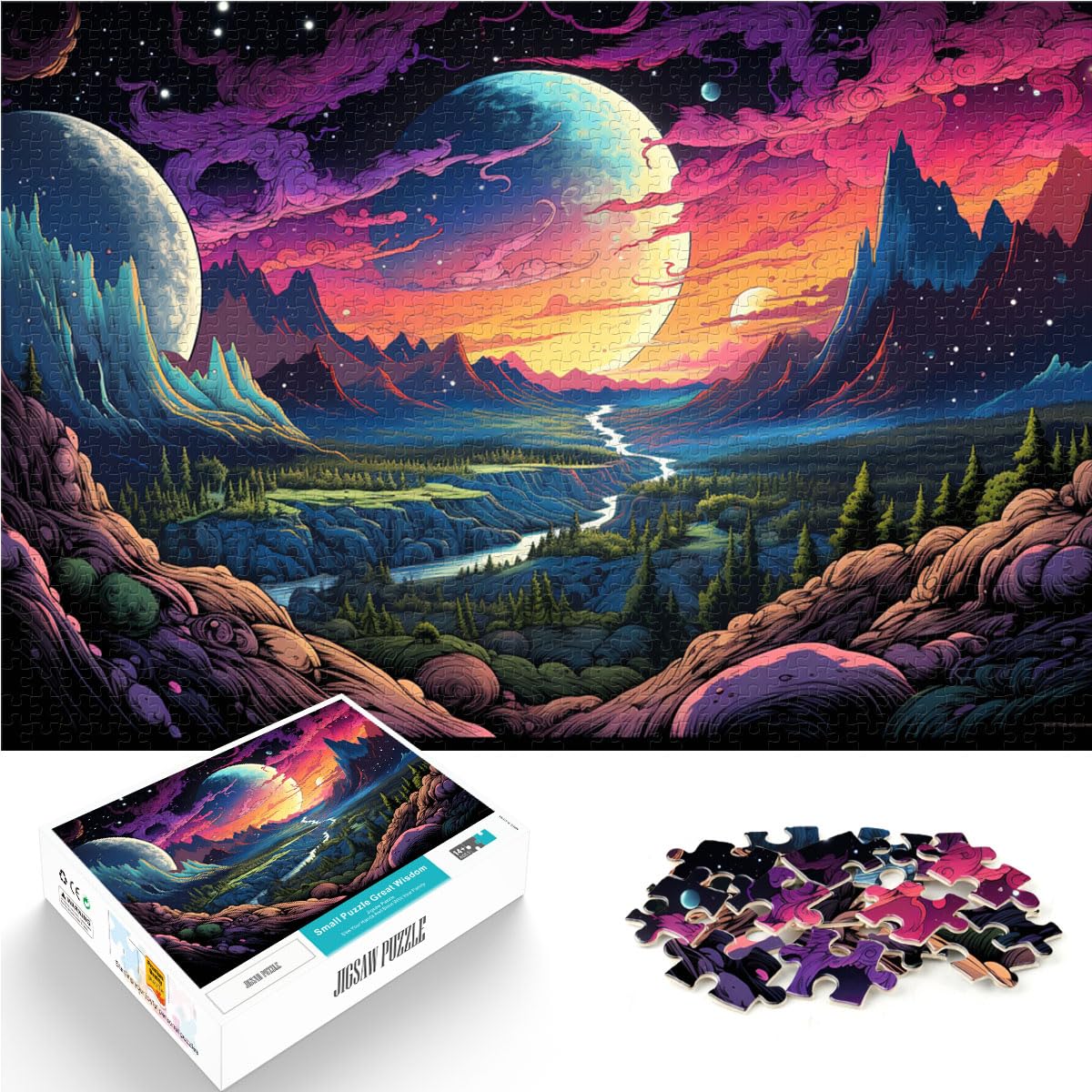 Puzzlespiele Bunte Psychedelie der Planetenlandschaft Puzzle für Erwachsene 1000-teiliges Puzzle Holzpuzzle Gutes Geschenk für 1000 Teile (50 x 75 cm)