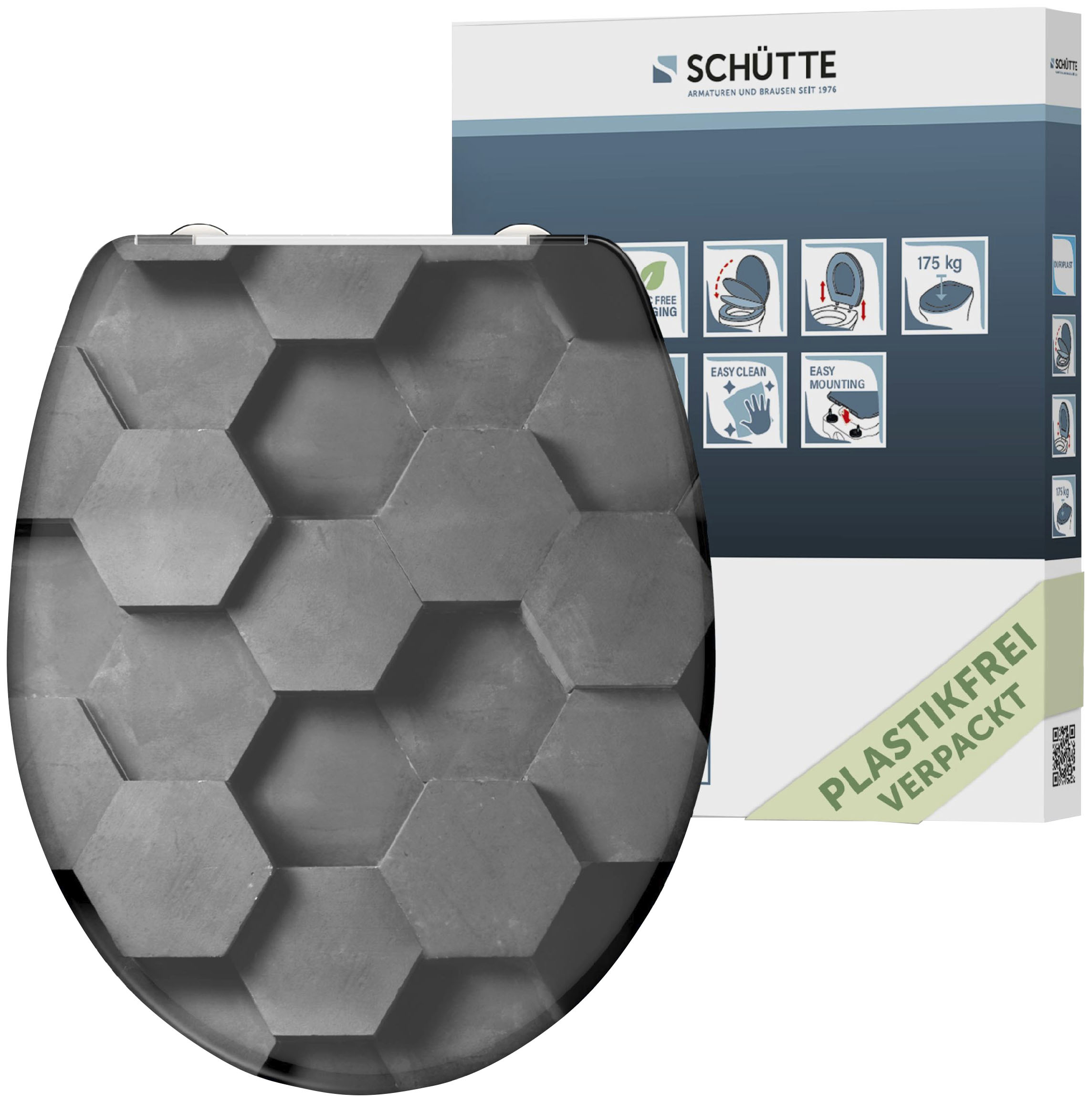 Schütte WC-Sitz "Grey Hexagons", Duroplast, mit Absenkautomatik und Schnellverschluss