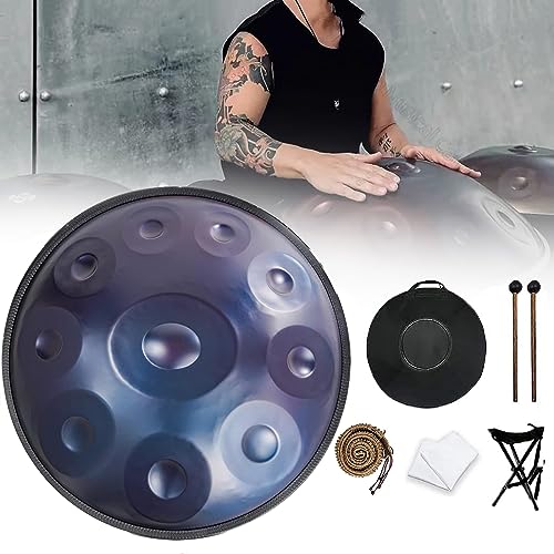 Handpan Drum Instrument 22 Zoll Schlaginstrument, D-Moll 9 10 12 Noten Stahl Handtrommelmit weicher Handpantasche, 2 Handpanschlägel, Handpanständer, fusselfreiem Tuch 10Notes Blue