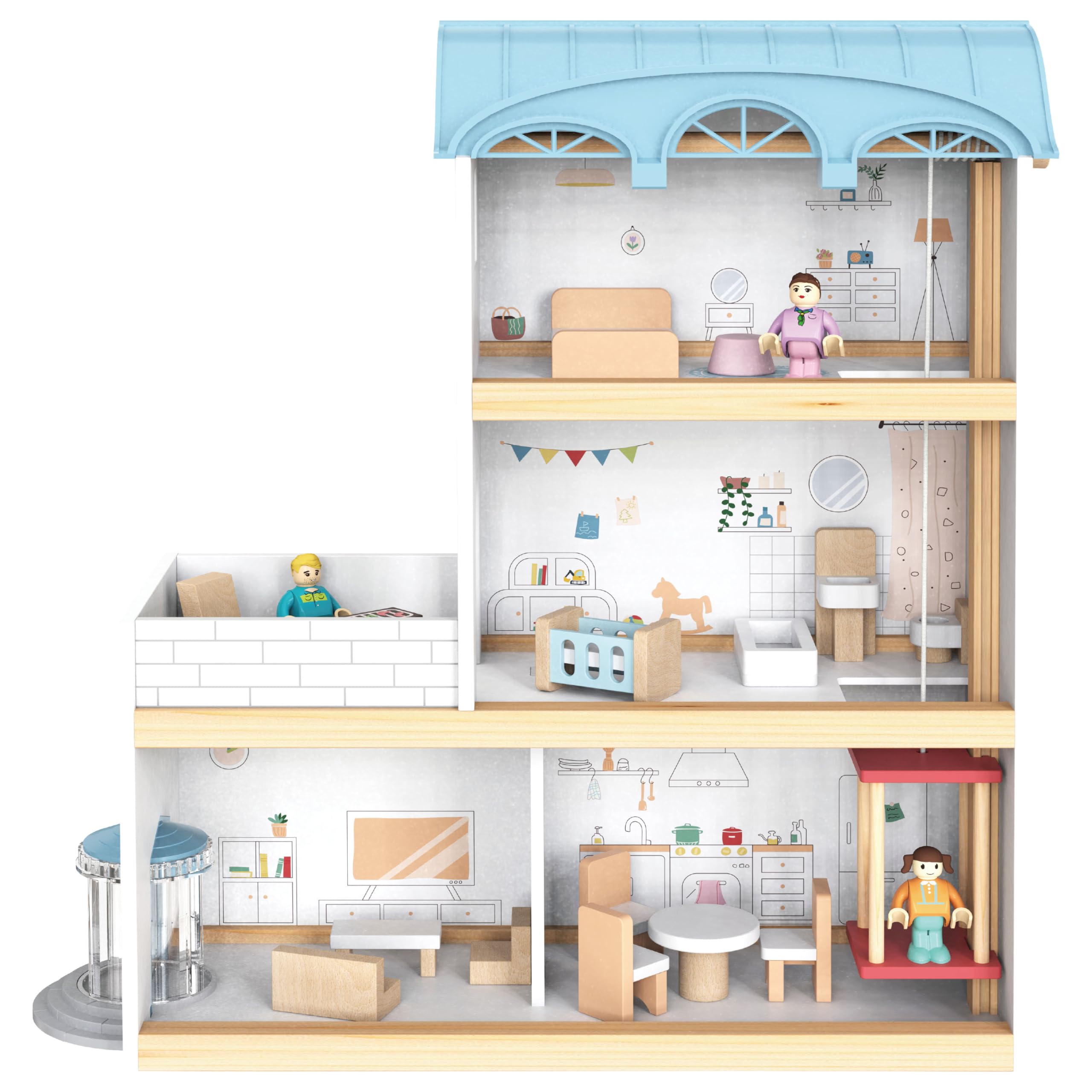 4iQ Group Puppenhaus aus Holz 41,5x14x39,5cm - Puppenhaus ab 3 Jahre Mädchen - Puppenhaus Groß mit 3 etagen - Dollhouse mit Möbeln und Zubehör