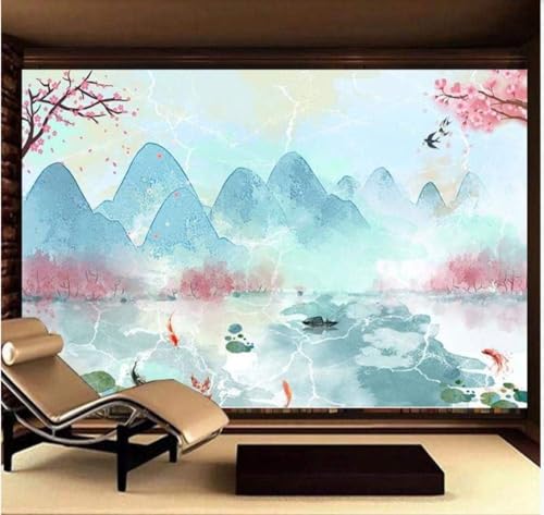 Abstrakte Berge Fischboot Rosa Blumen 3D Tapete Poster Restaurant Schlafzimmer Wohnzimmer Sofa TV Dekorative Wand-430cm×300cm